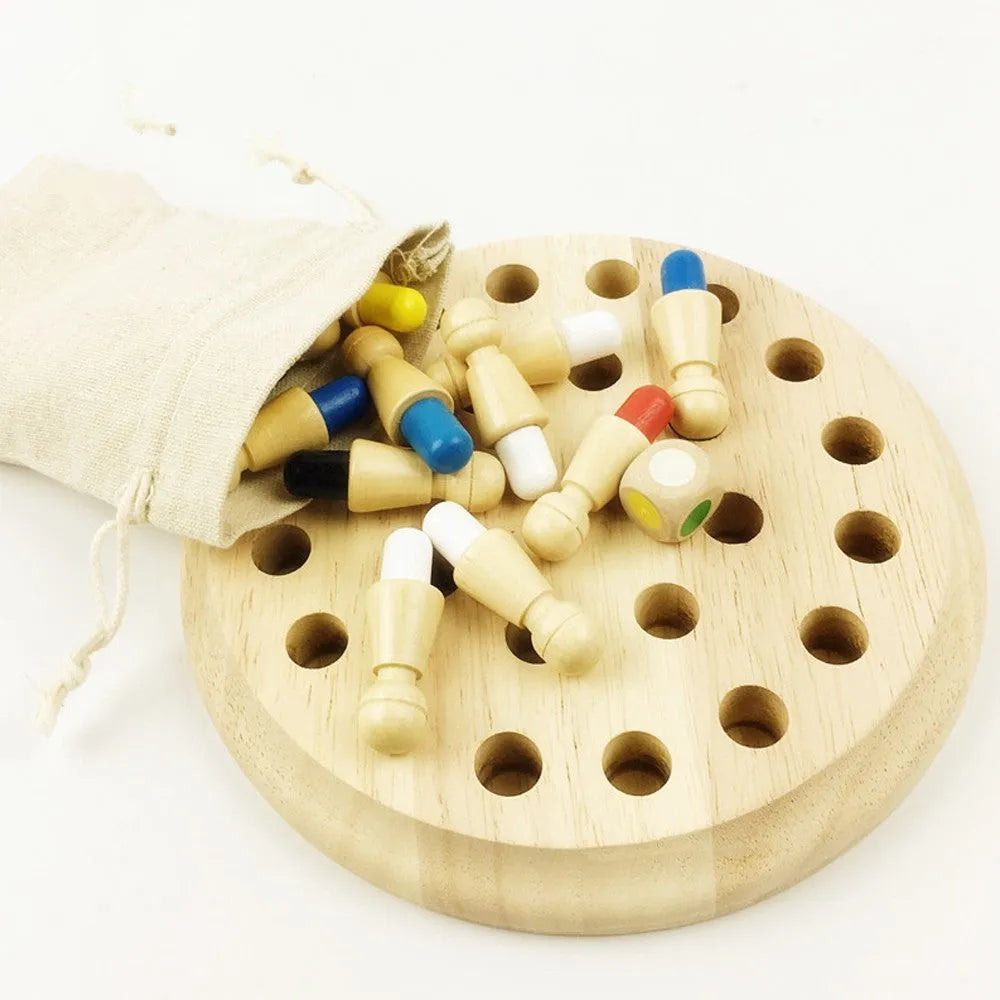 Montessori beech wood memory match stick chess game with green varnish on a checkerboard