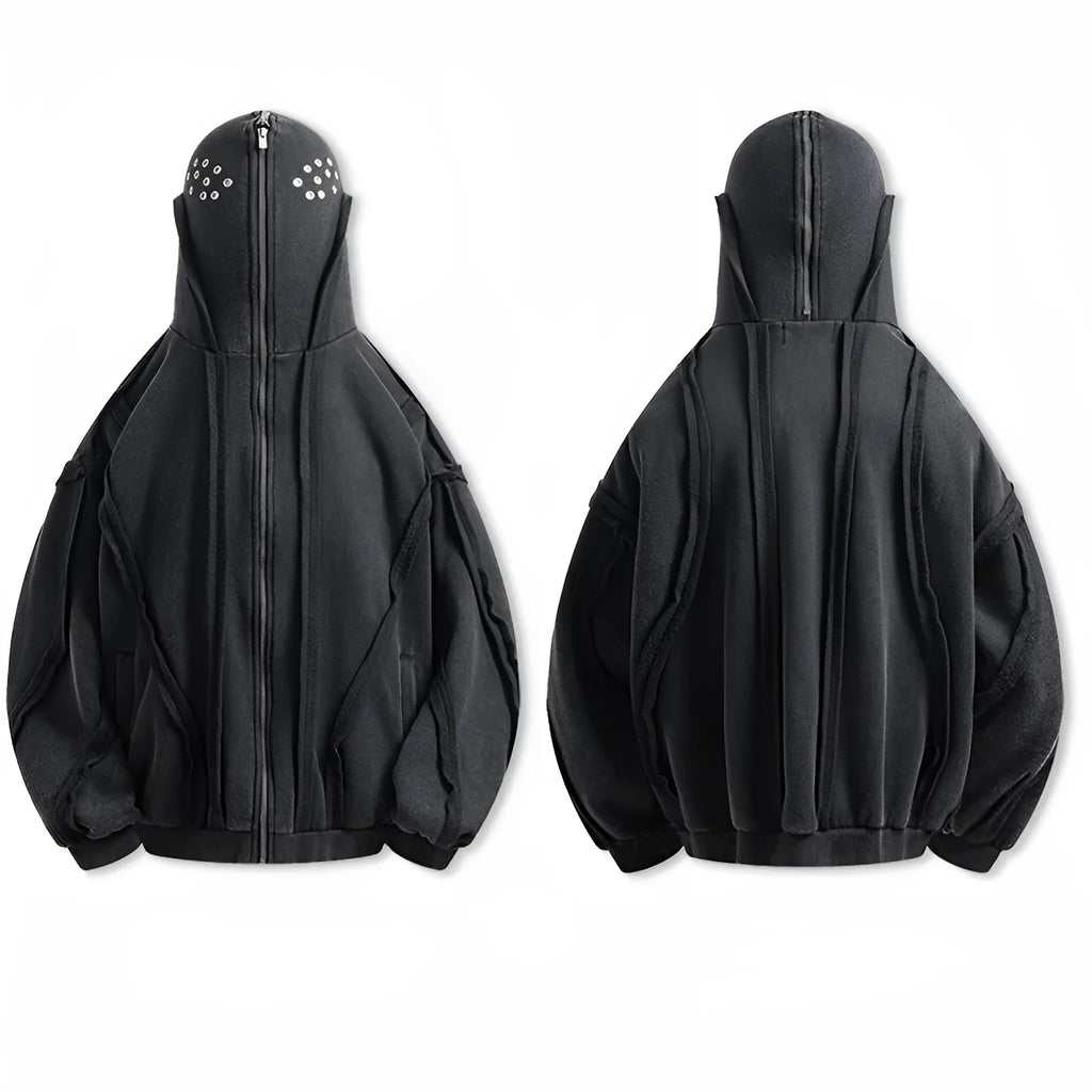Black padded cotton cardigan with zip front, hood, and abstract pattern