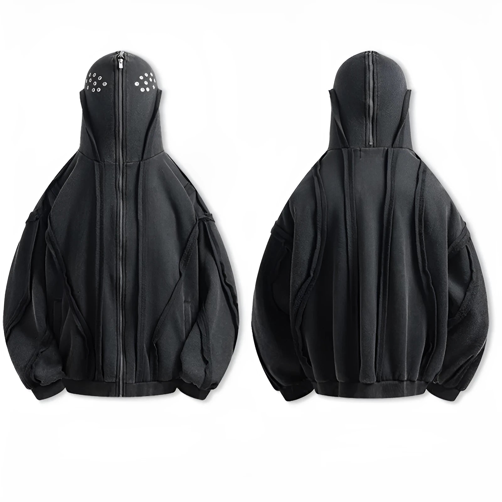 Black padded cotton cardigan with zip front, hood, and abstract pattern