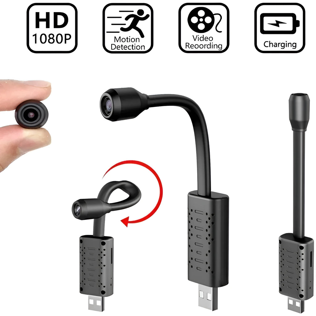 Black V380 wireless USB security camera showing compact size and microSD card slot.