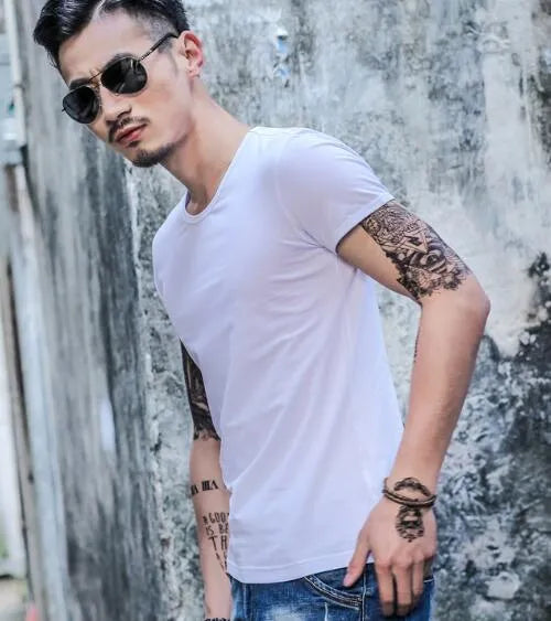 Men's short-sleeve summer t-shirt in a polyester bamboo fabric blend on a hanger.