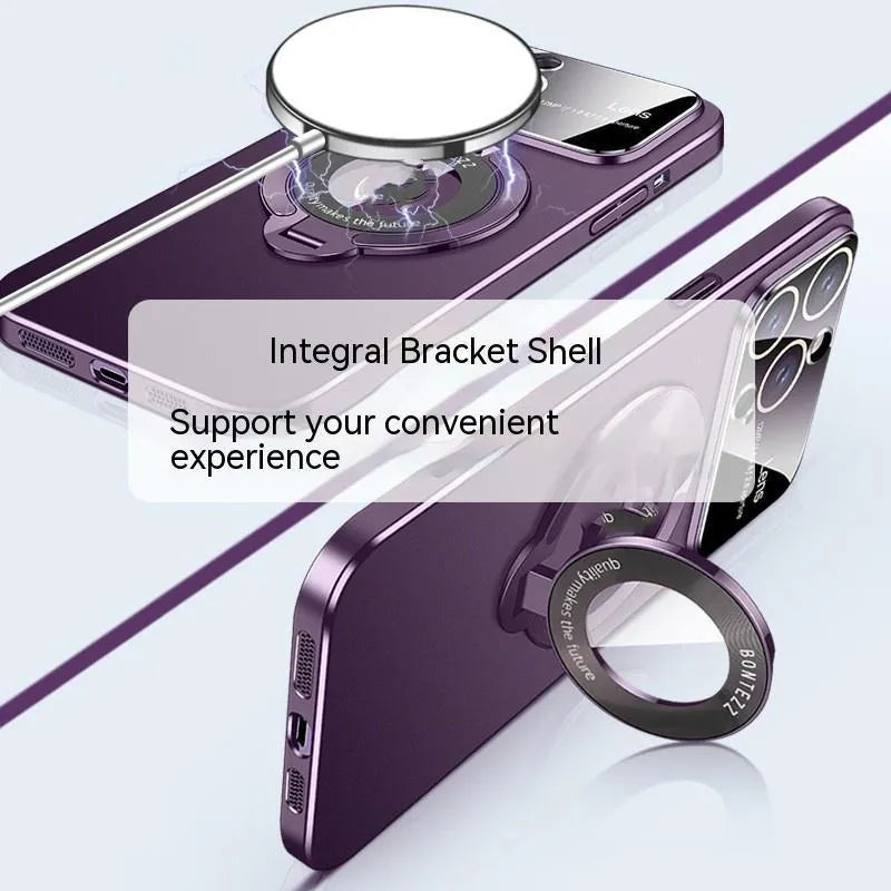 Frosted magnetic bracket phone case for iPhone on a table with bracket extended.