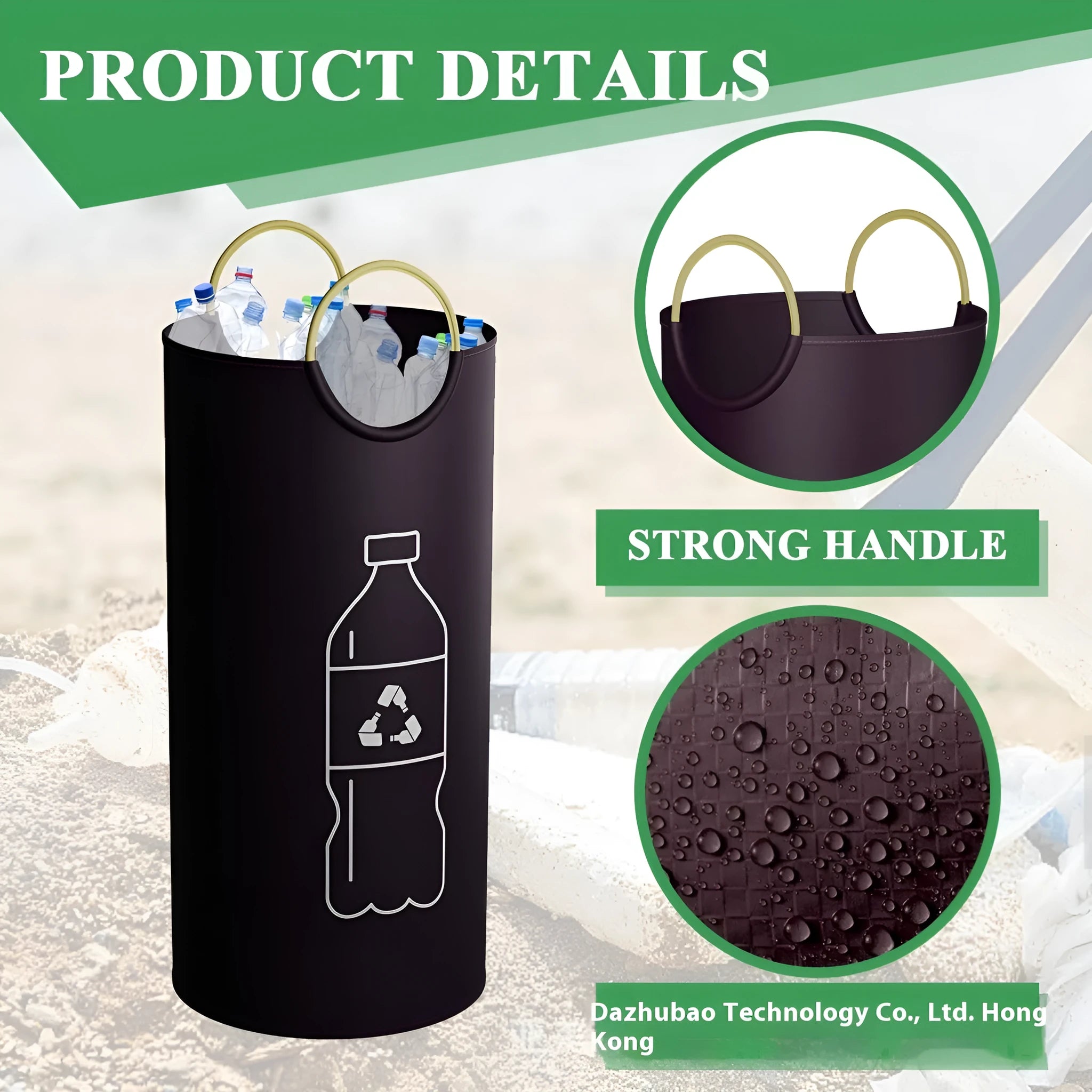 Round portable trash can with 38cm diameter and 72cm height measurements