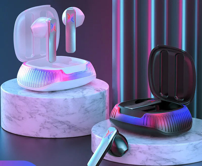 Hall Flashing wireless gaming headset with earplug design in black or white colour options