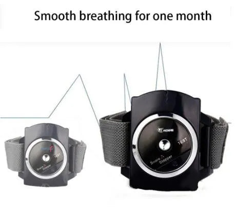 Black ABS anti snore wristband with biosensor and infrared therapy displayed on a flat surface