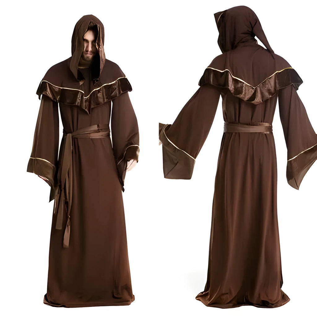 Adult wizard costume in picture colour, full-length cotton robe with hood for Halloween