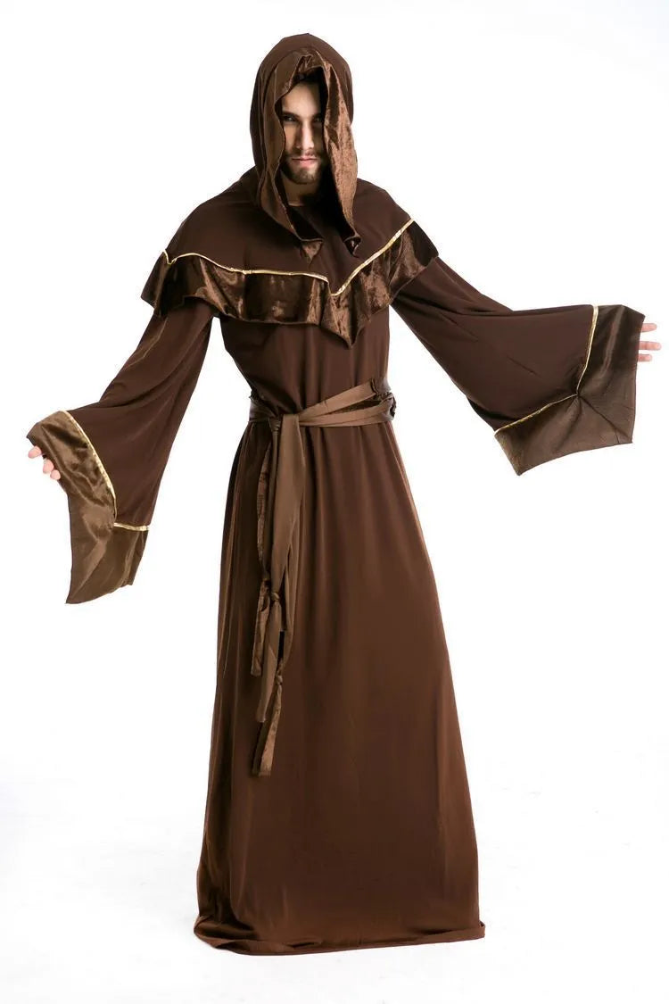 Adult wizard costume in picture colour, full-length cotton robe with hood for Halloween