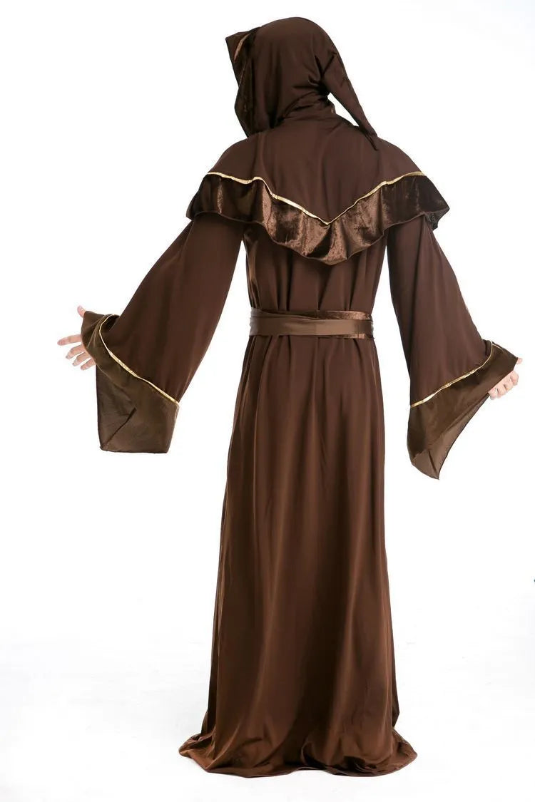 Adult wizard costume in picture colour, full-length cotton robe with hood for Halloween