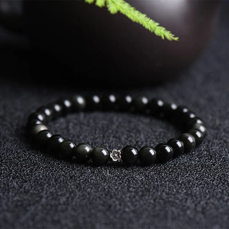 Natural obsidian bracelet with S925 silver flower accessory and constellation design