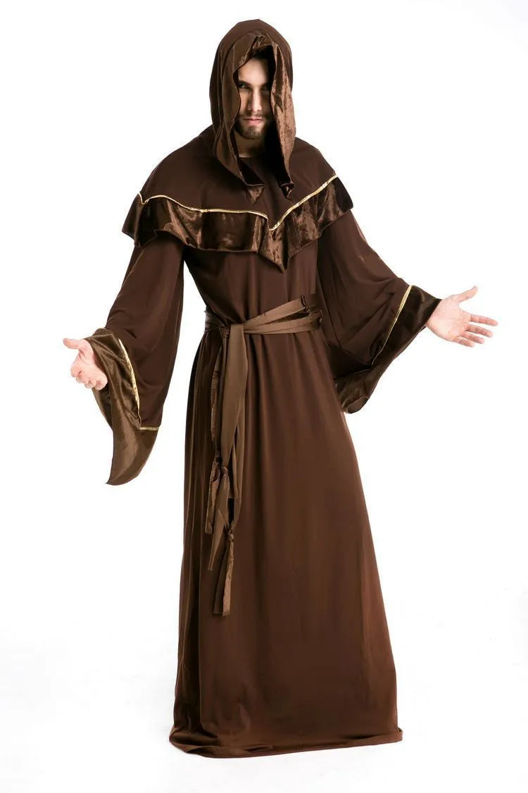 Adult wizard costume in picture colour, full-length cotton robe with hood for Halloween
