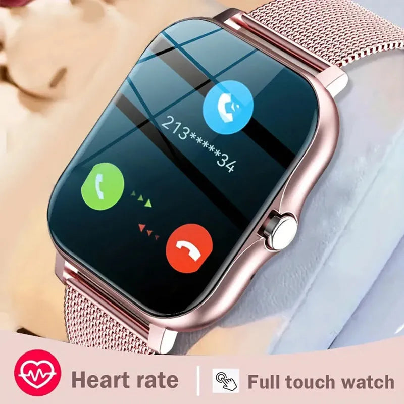 Black smartwatch with 1.44-inch screen and silicone strap on a wrist, showing a fitness tracking interface.