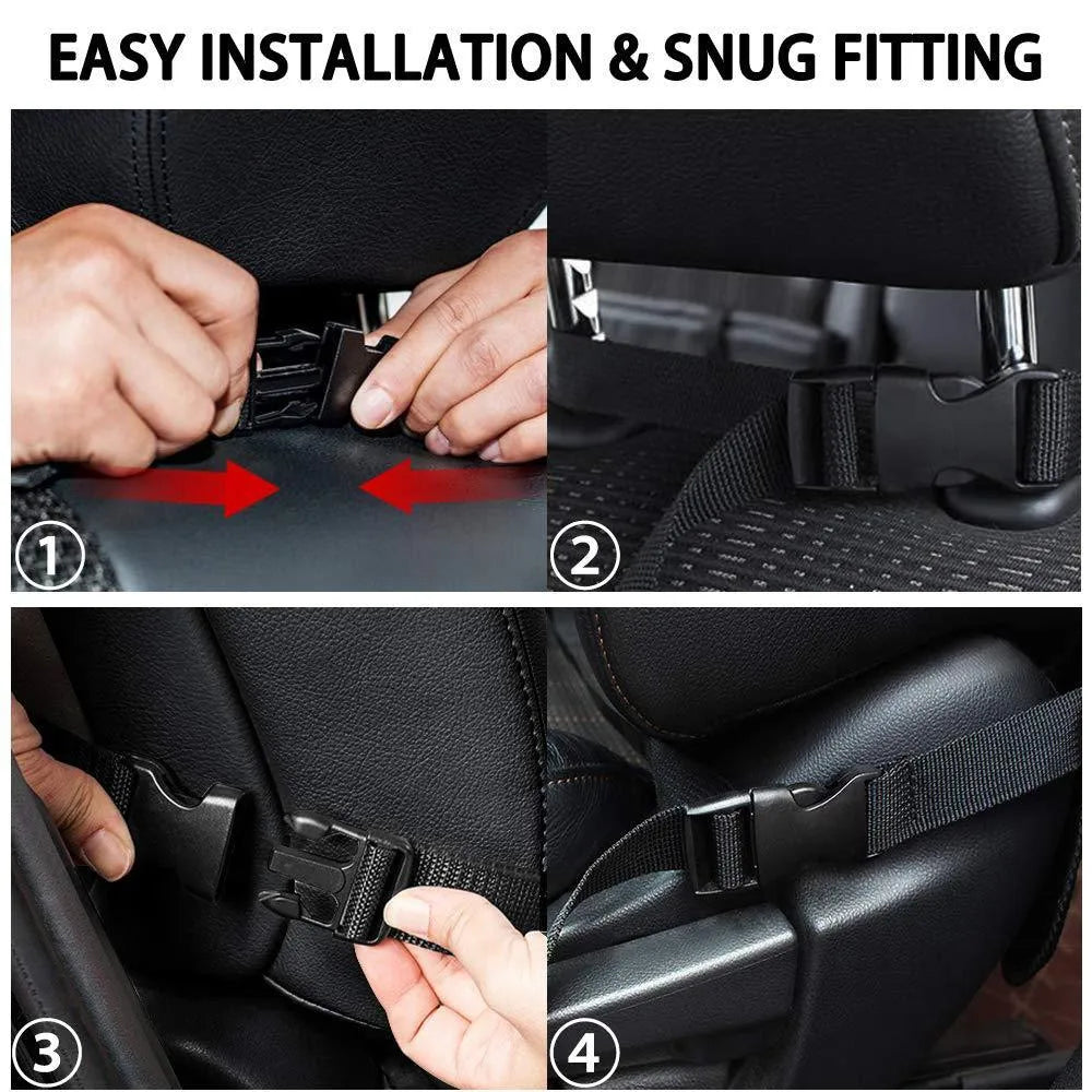 Car seat back storage pouch with 9 storage bags and transparent iPad pocket in black mounted on a car seat