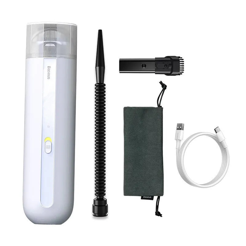 Baseus handheld cordless car vacuum cleaner in black, white, or green with blowing hose accessory.