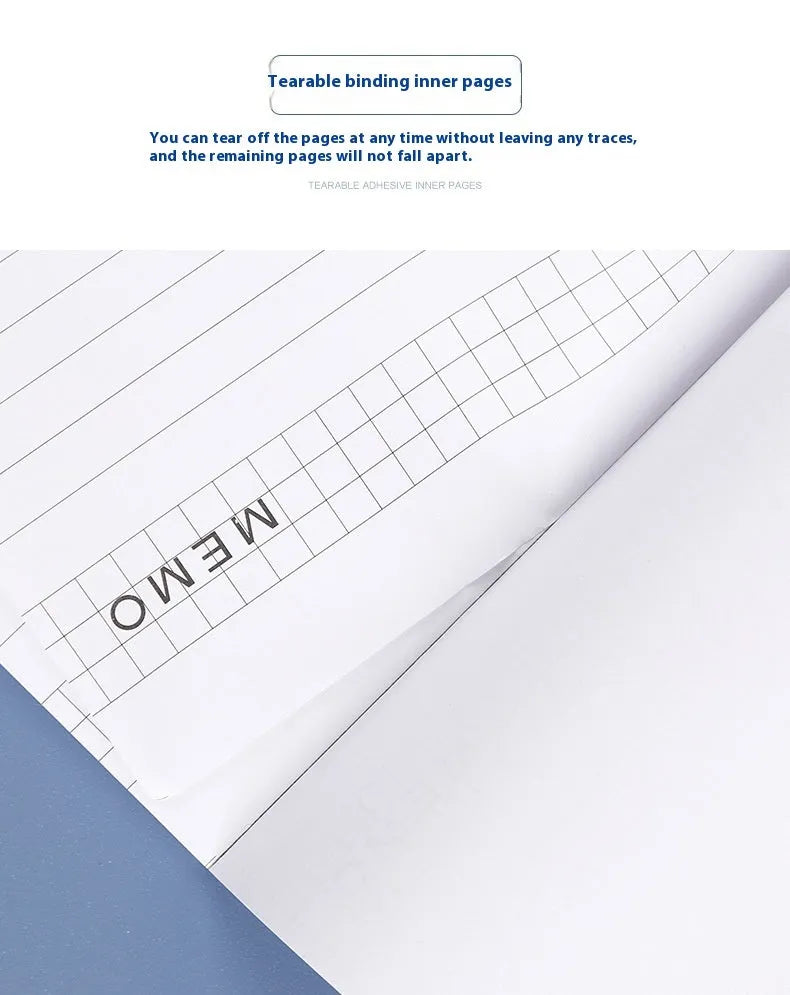 A4 tearable notebook with a paper cover, open to show ivory white gridded pages.