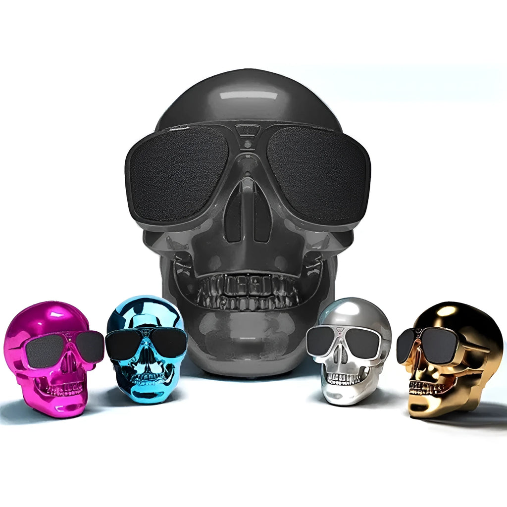 Skull-shaped wireless Bluetooth speaker showing front design with speaker grille