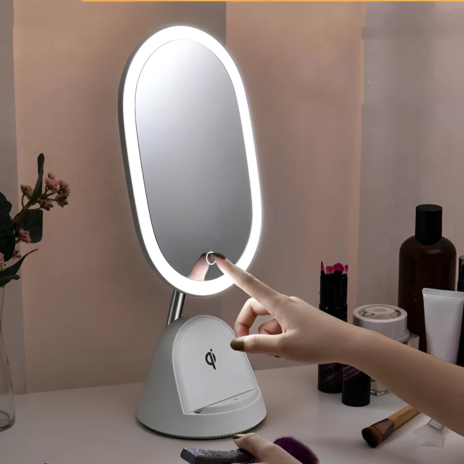 White and black makeup mirror table lamp on desktop with international plug adapters