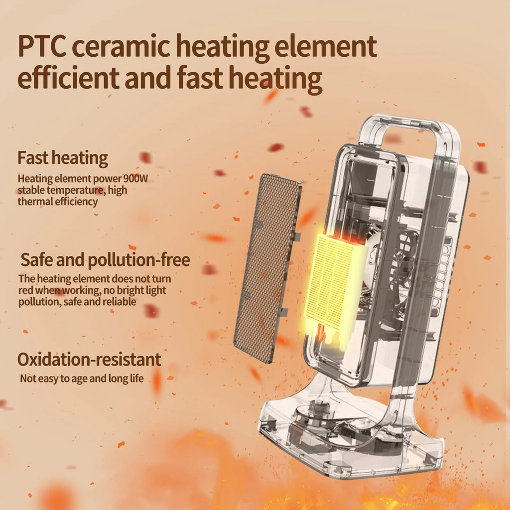 Compact black PTC ceramic desktop air heater with control knob on a wooden desk.