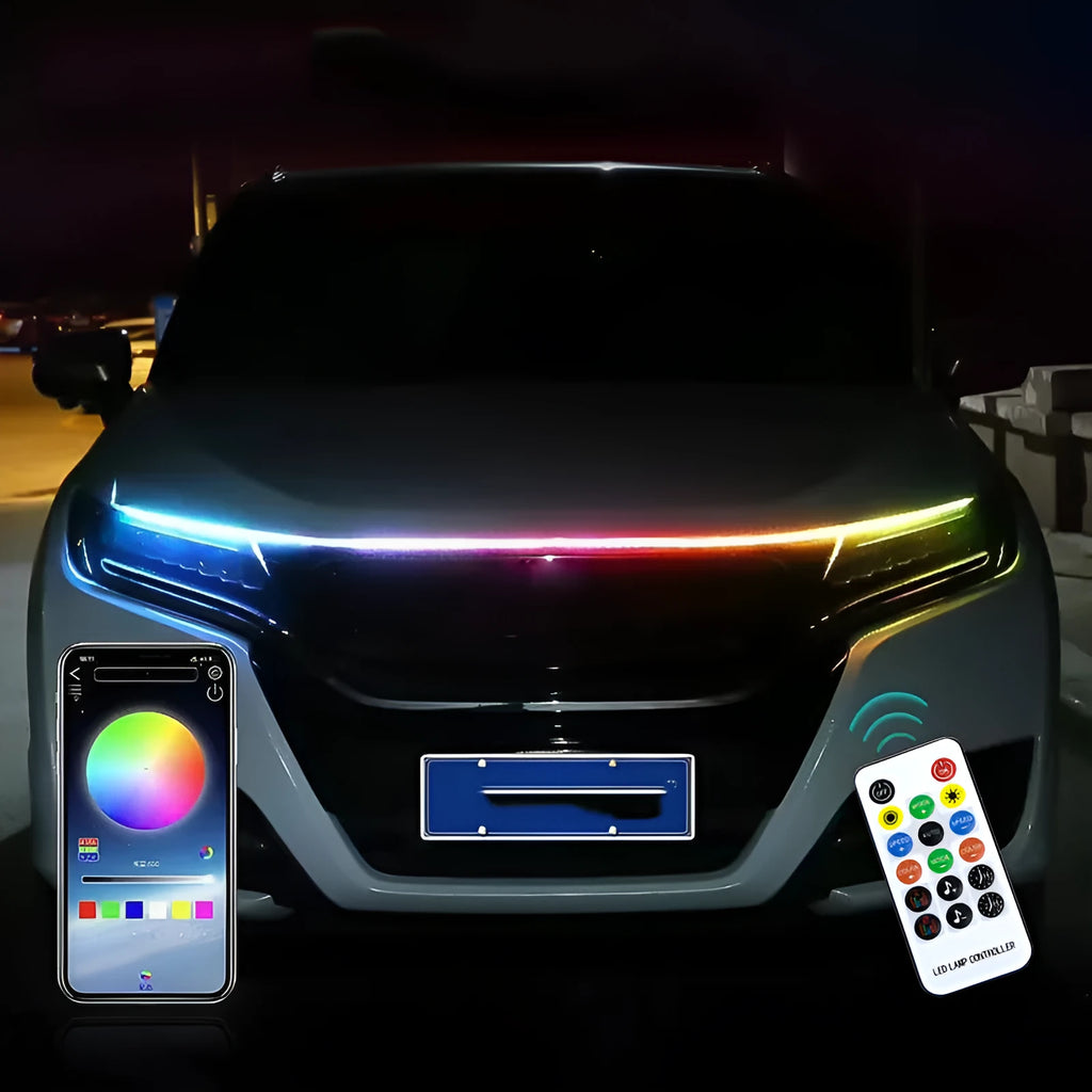Flexible PVC LED atmosphere lighting strip for General Motors car engine cover installation.