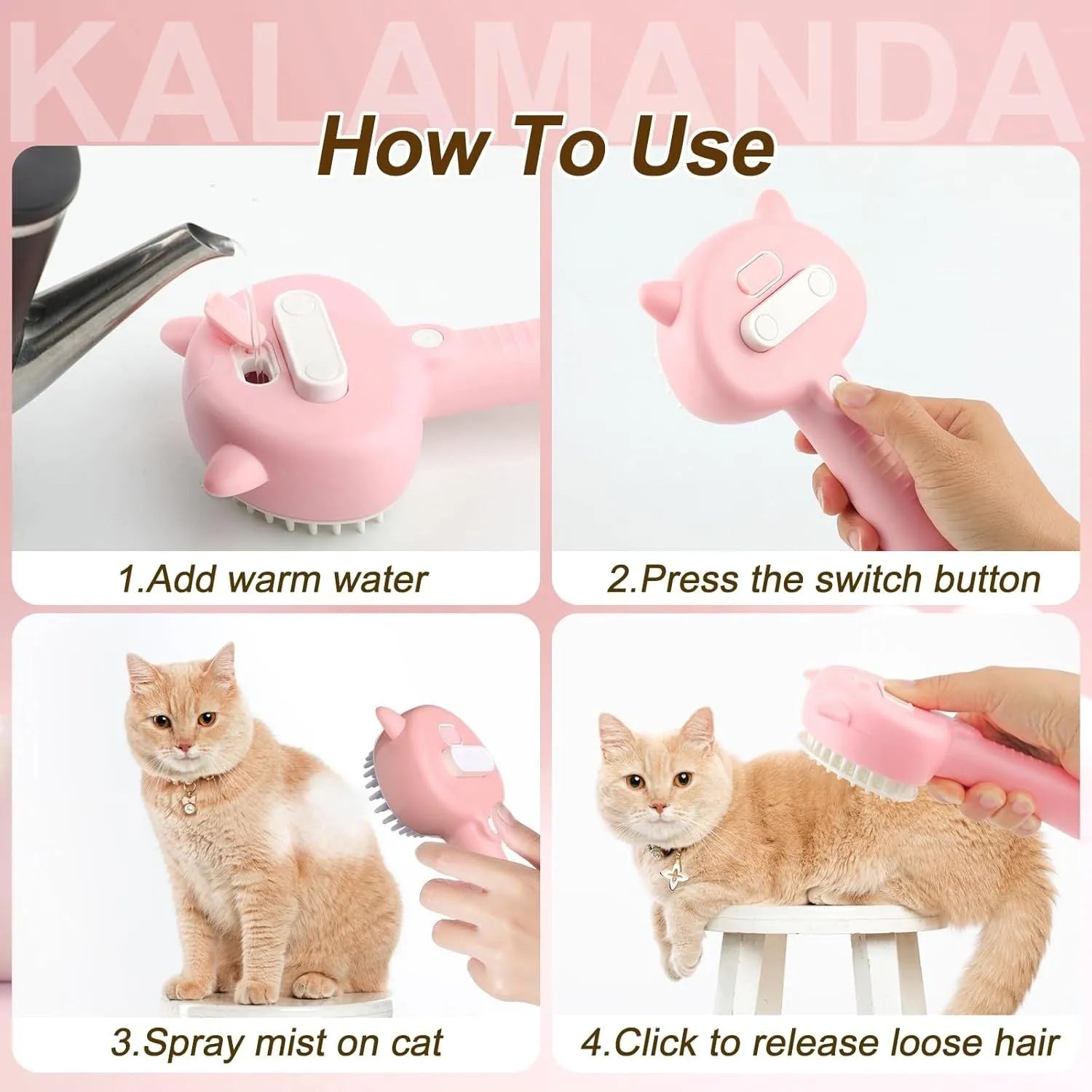 Blue cat-ear shaped pet grooming brush with rubber bristles and water reservoir