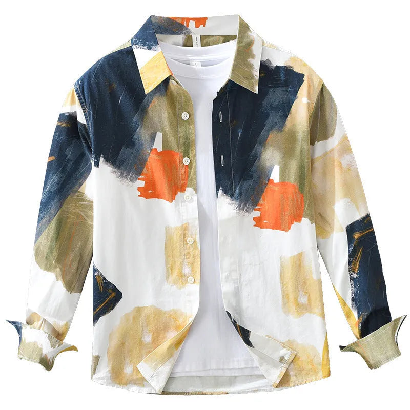 Printed cotton loose cardigan top with long sleeves in artistic design