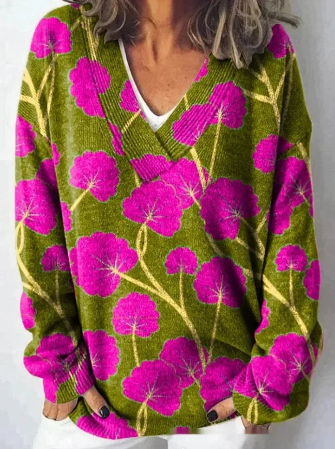 Women's long sleeve V-neck sweatshirt with a detailed 3D floral print in an art retro style.