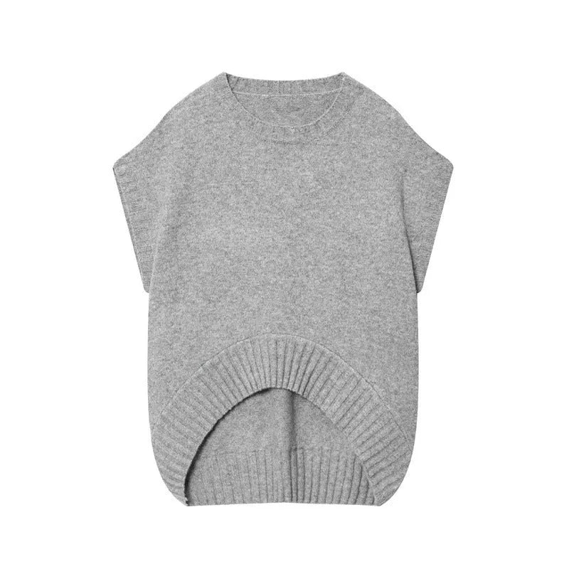 Women's gray knitted oversized vest sweater with contrast stripes, front view, pullover style