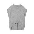 Women's gray knitted oversized vest sweater with contrast stripes, front view, pullover style