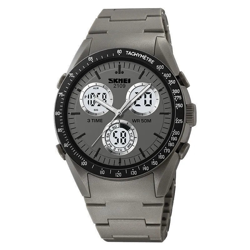 Casual digital watch with a camouflage strap and a digital display, showing 50m waterproof rating.
