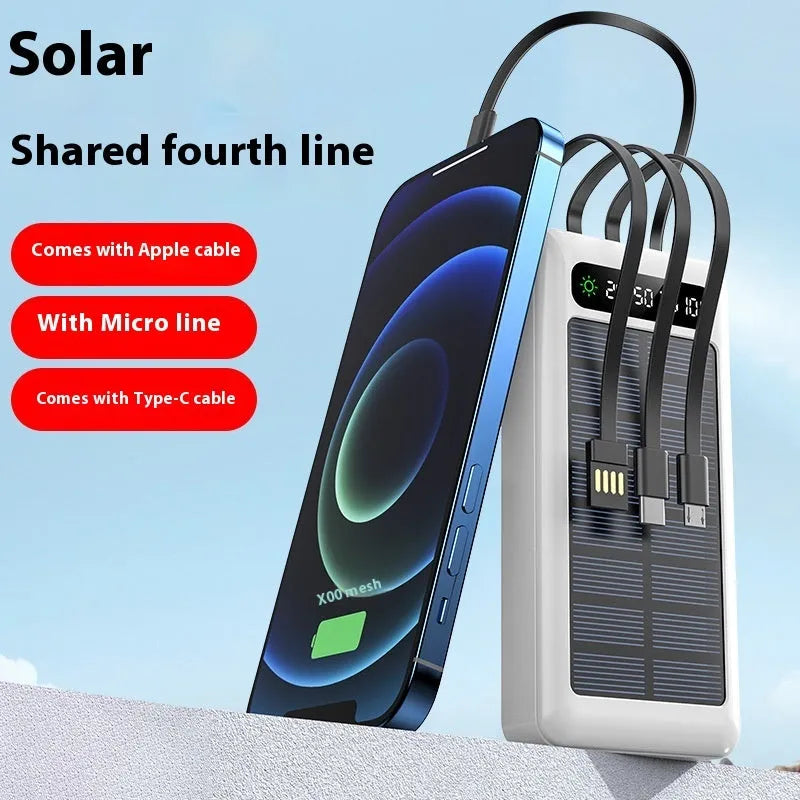 Solar power bank with cable showing black, white and green colour options with 30000mAh capacity label