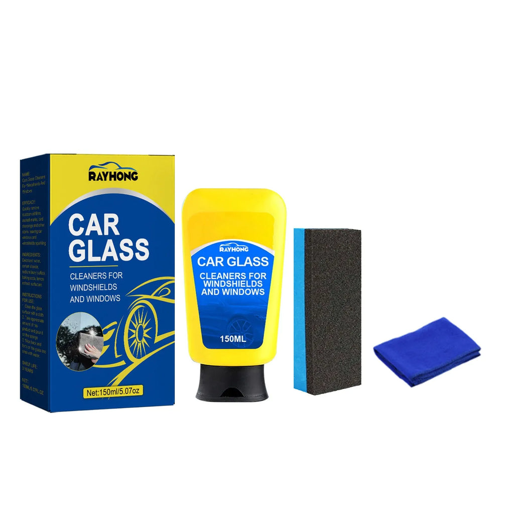 Windscreen cleaning kit with 150ml detergent bottle, small sponge, and microfibre cloth.