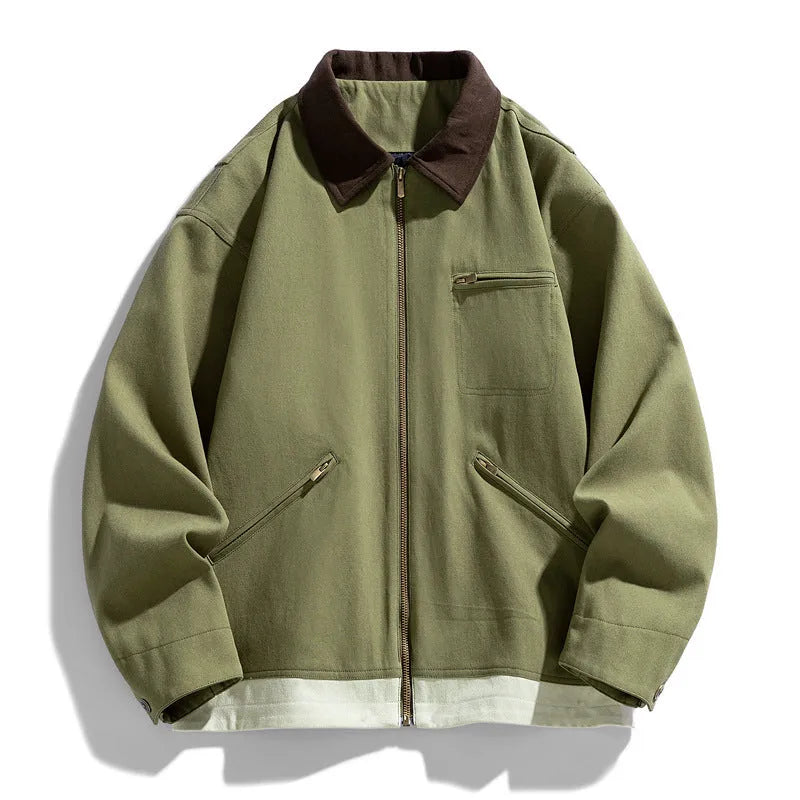 Retro American workwear jacket with contrast colour lapels in loose fit design