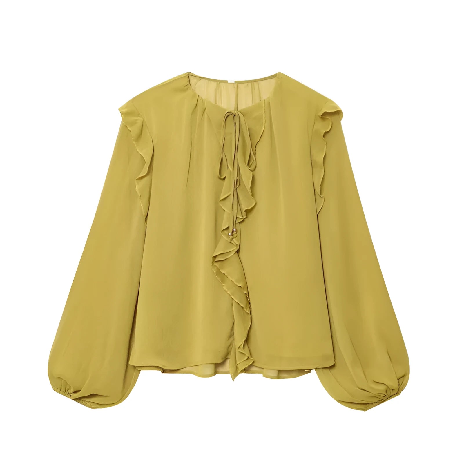 Women's yellow ruffled laminated decorative shirt with plants and flowers print, pullover long sleeve top in polyester spandex