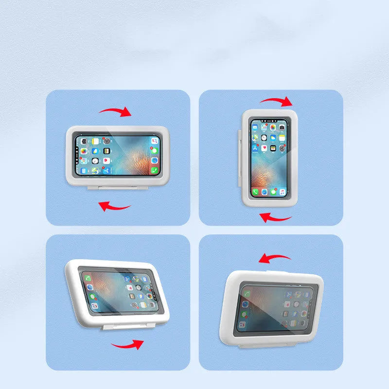 White waterproof phone holder mounted on bathroom tile showing smartphone visible through anti-fog window