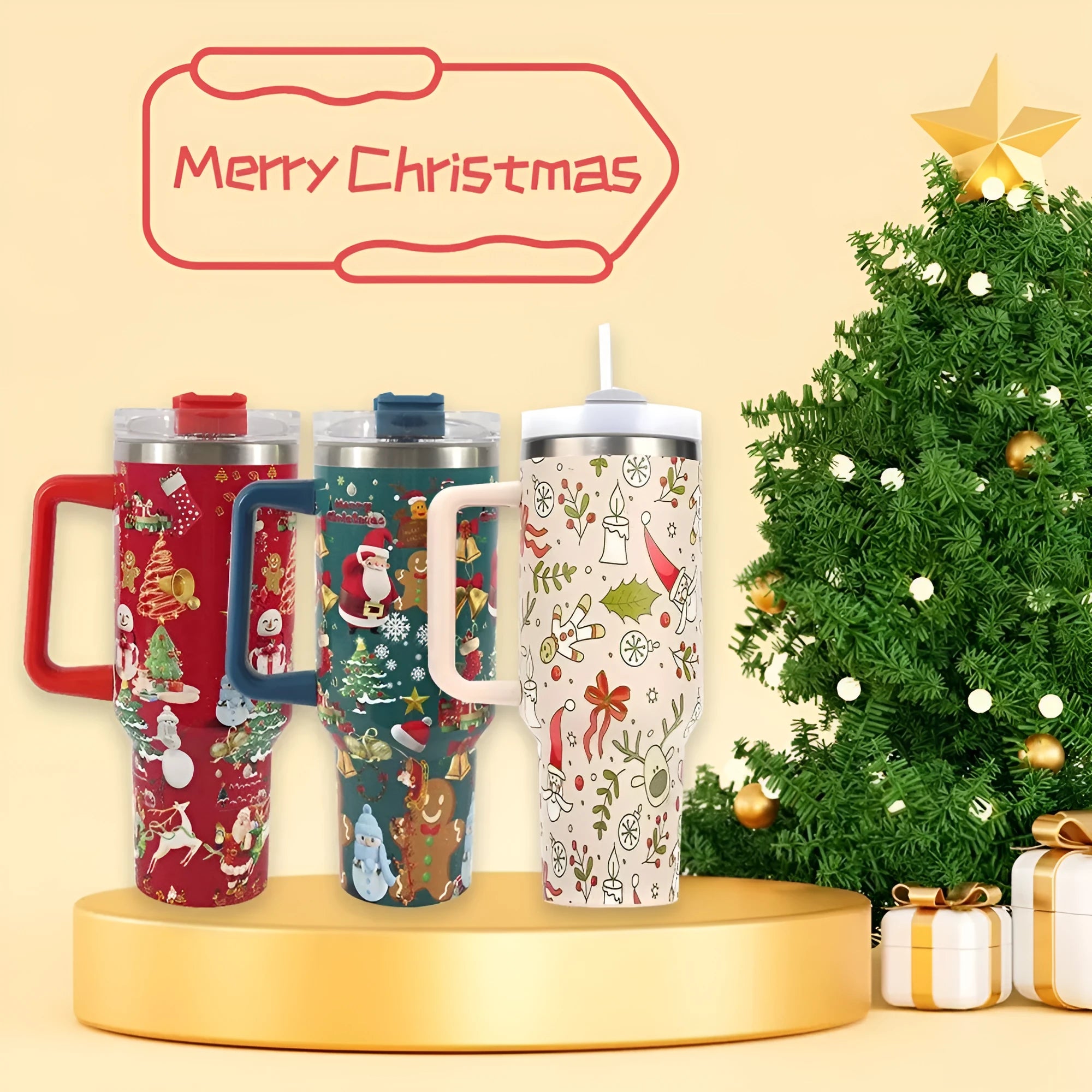 Christmas pattern stainless steel travel tumbler with handle and straw