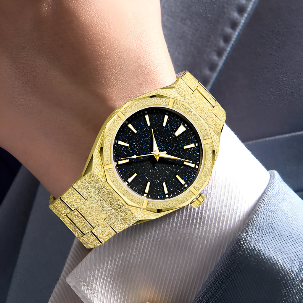 Business men's watch with frosted stainless steel case and luminous hands in silver, gold, and black colour options