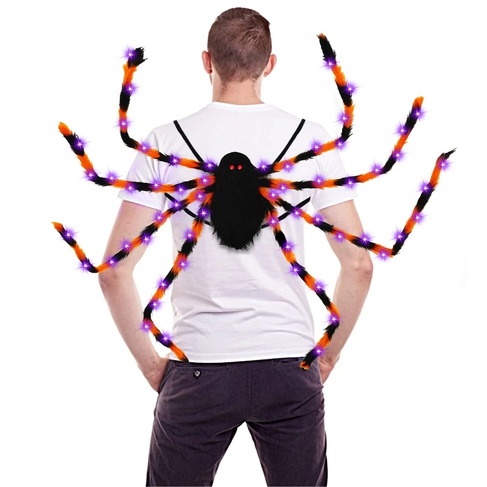 Halloween spider backpack with LED lights in plush sugar bag design showing colour options