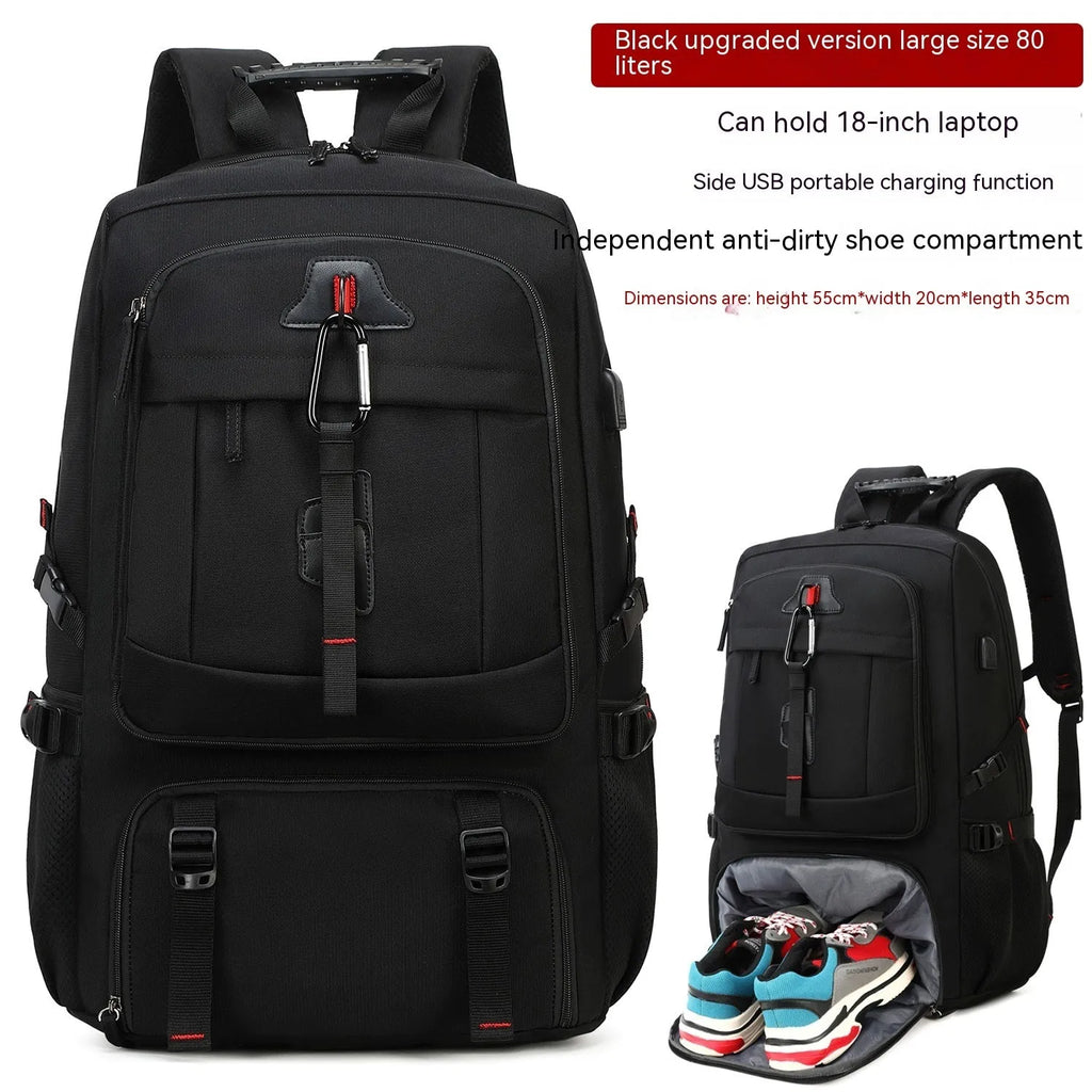 Large capacity business travel backpack in Oxford cloth with contrast stitching and curved shoulder strap, 55x20x35cm, black colour