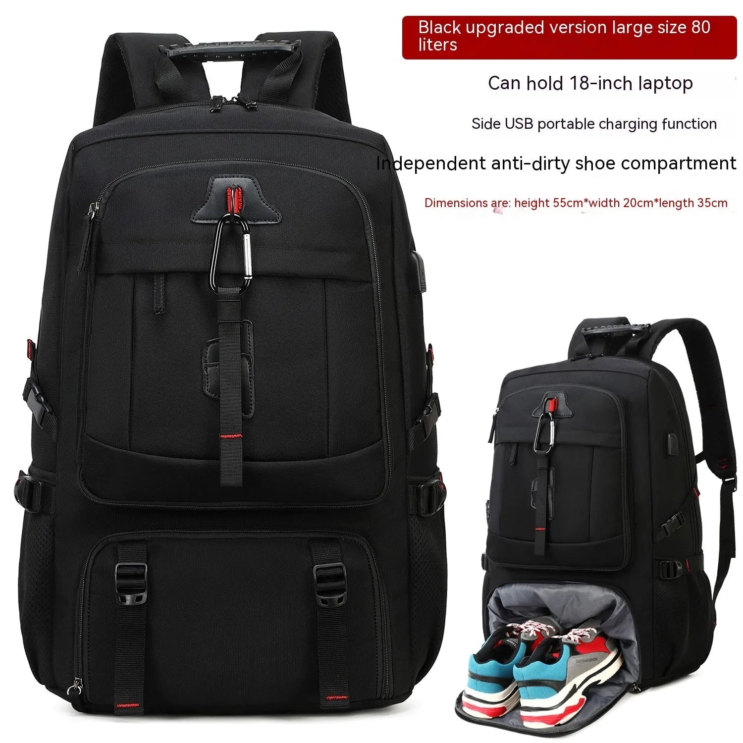 Large capacity business travel backpack in Oxford cloth with contrast stitching and curved shoulder strap, 55x20x35cm, black colour