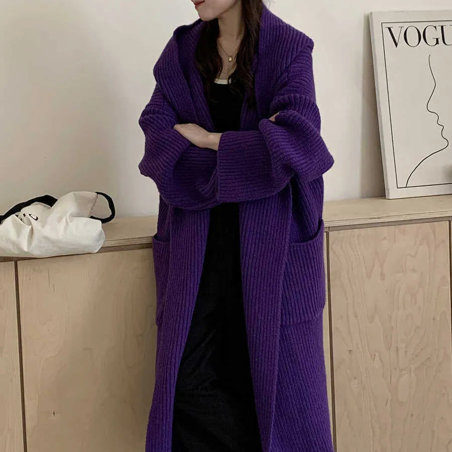 Loose grey hooded cardigan coat for women with raglan sleeves, shown open as an oversized layer.