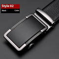 Men's gun black leather belt with a silver automatic comfort click buckle fastened.