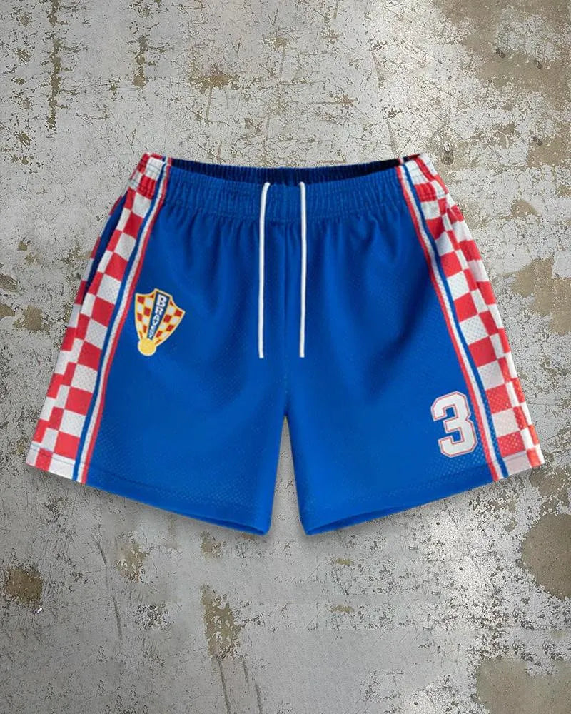 Mens loose fit quick-drying beach shorts with digital print design and elastic waistband in a light colour.
