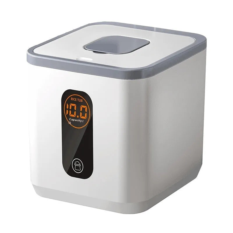 Grey plastic rice storage jar with airtight lid in three size options for kitchen pantry organisation