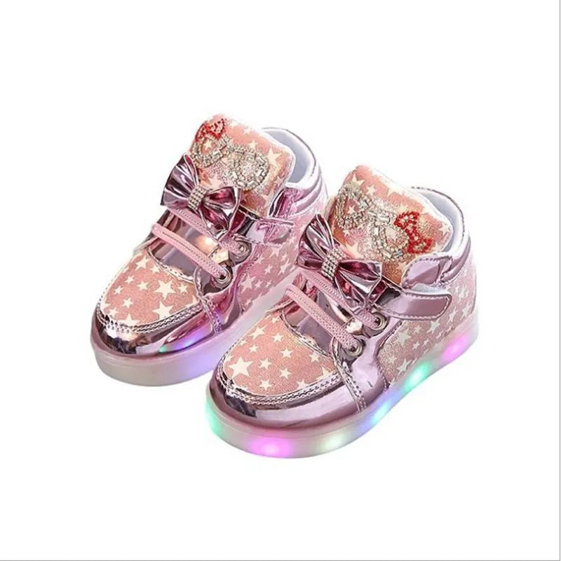 LED children's trainers with magic button switch showing colour changing lights and flashing heel illumination