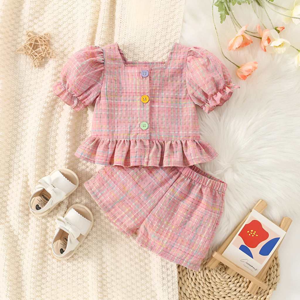 Girls cotton plaid top and shorts suit two-piece set in red, flat lay view