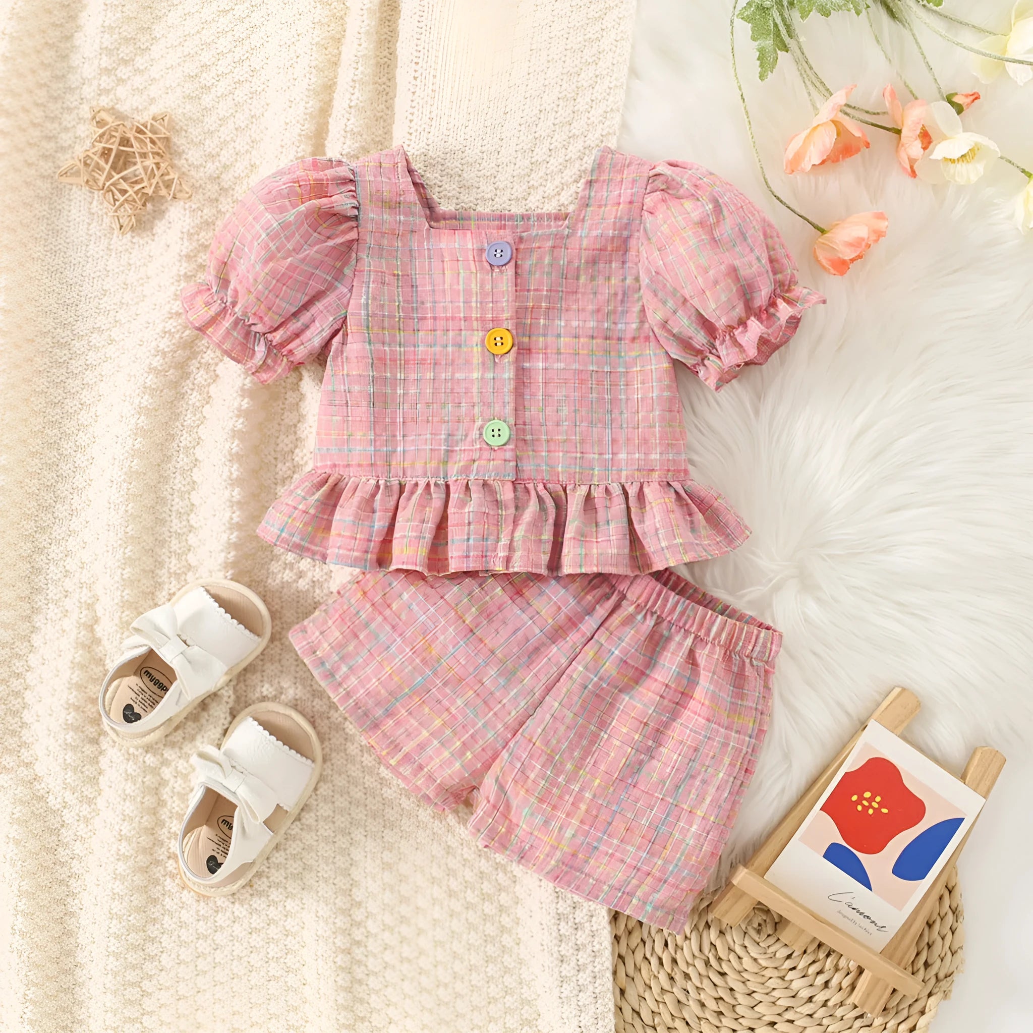 Girls cotton plaid top and shorts suit two-piece set in red, flat lay view