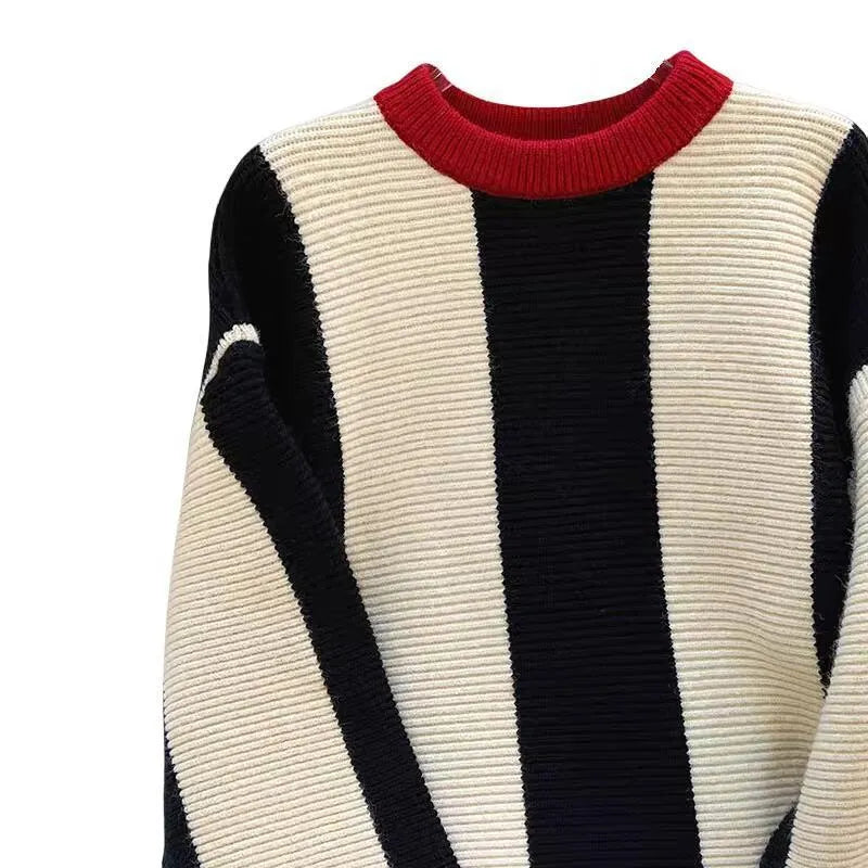 Women's contrast colour striped cashmere sweater with round neck and regular sleeves