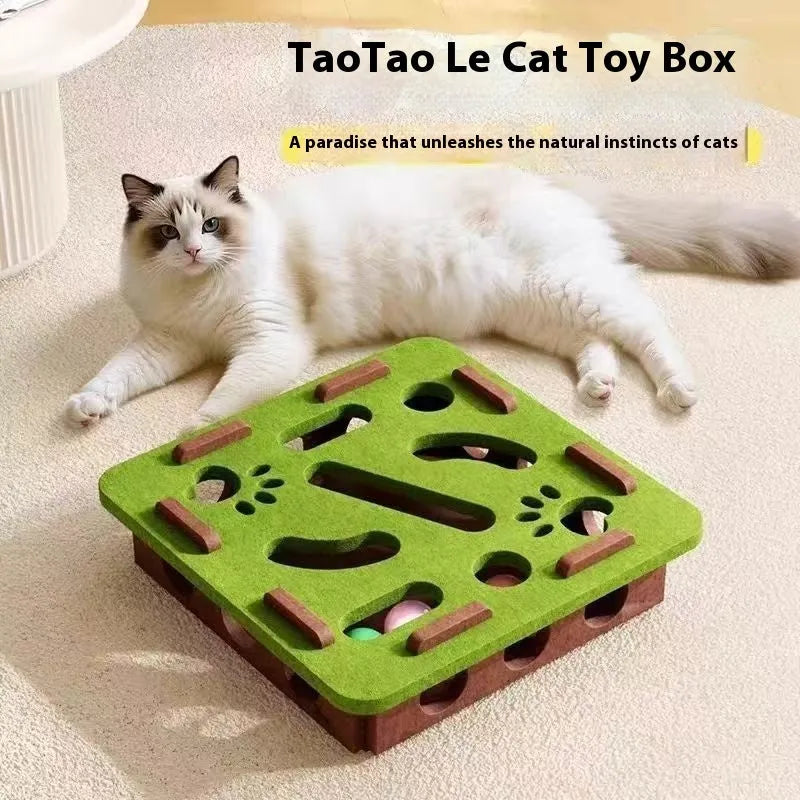 Green brown felt cat toy box with a felt mouse and a white feather ball inside.