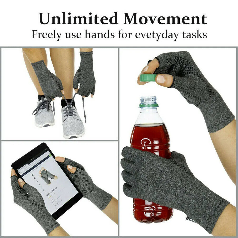 Grey half-finger compression gloves with anti-slip palm grips, shown in a flat lay.