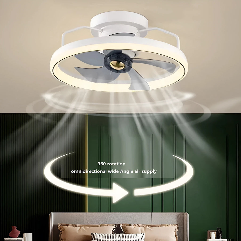 Modern ceiling fan with integrated light showing 500mm diameter design with PC blades and acrylic shade