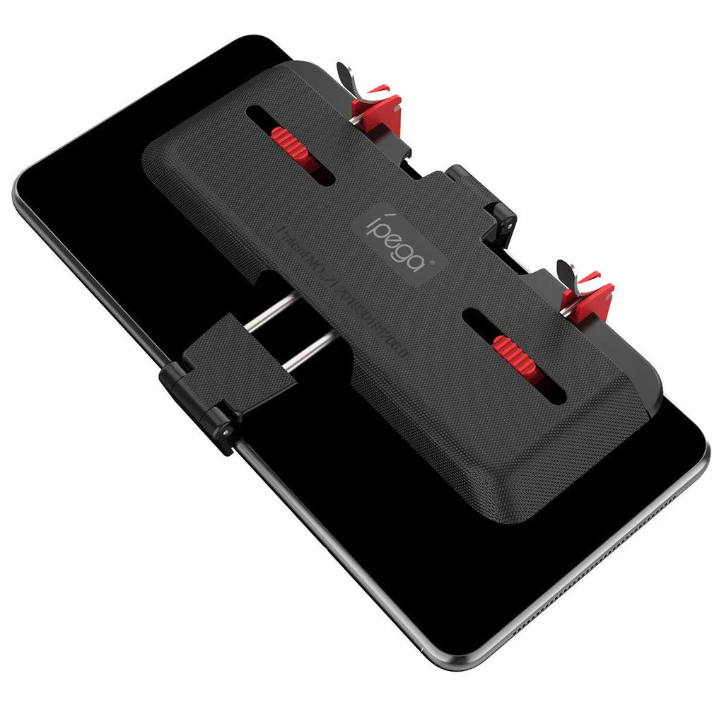Black mobile gaming trigger stand with adjustable telescopic phone clip and sliding trigger button.